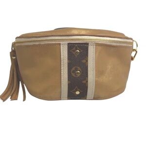Brown and Cream Leather Belt Bag w/ LV upcycled material